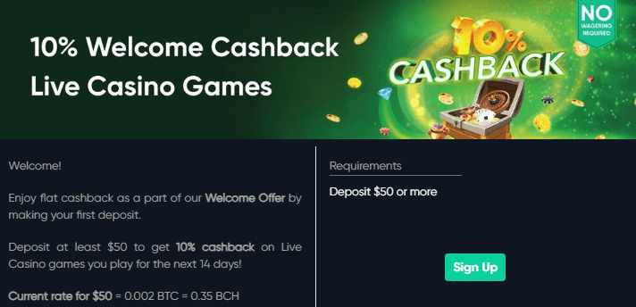 Bitcoin.com Games 10% Welcome Cashback Offer